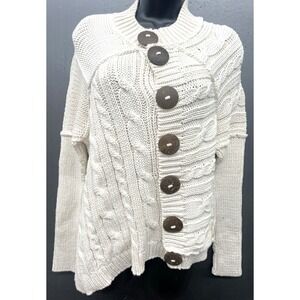 Pure Handknit Sweater S/M Ivory Big Button Asymmetric Coastal Quiet Luxury New